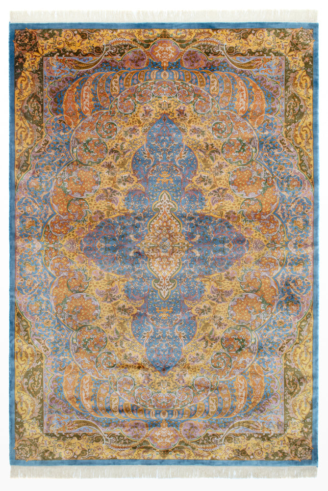 Persian Silk Carpet - Royal Blue & Golden Harmony