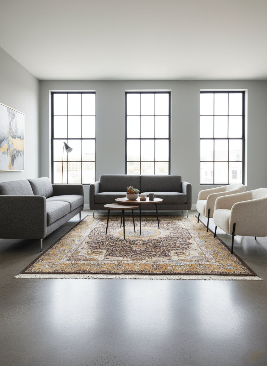 Persian Silk Carpet - Mocha Gold Lotus Emblem