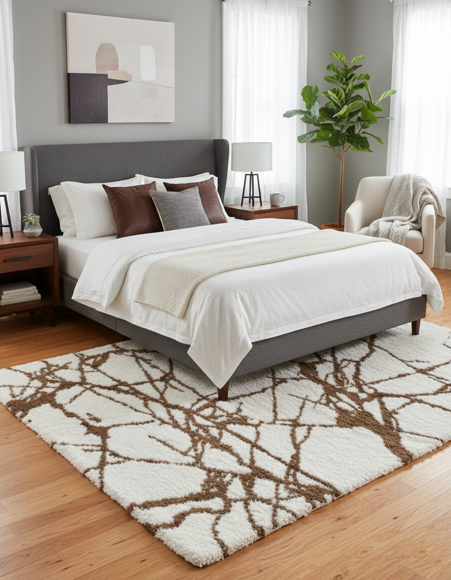 Turkish Washable Shaggy Carpet – White & Brown Abstract Pattern | Premium Soft Polyester Rug