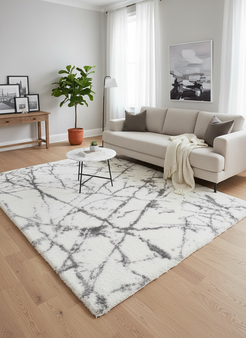 Turkish Washable Shaggy Carpet – Off-White & Charcoal Grey Abstract Modern Rug
