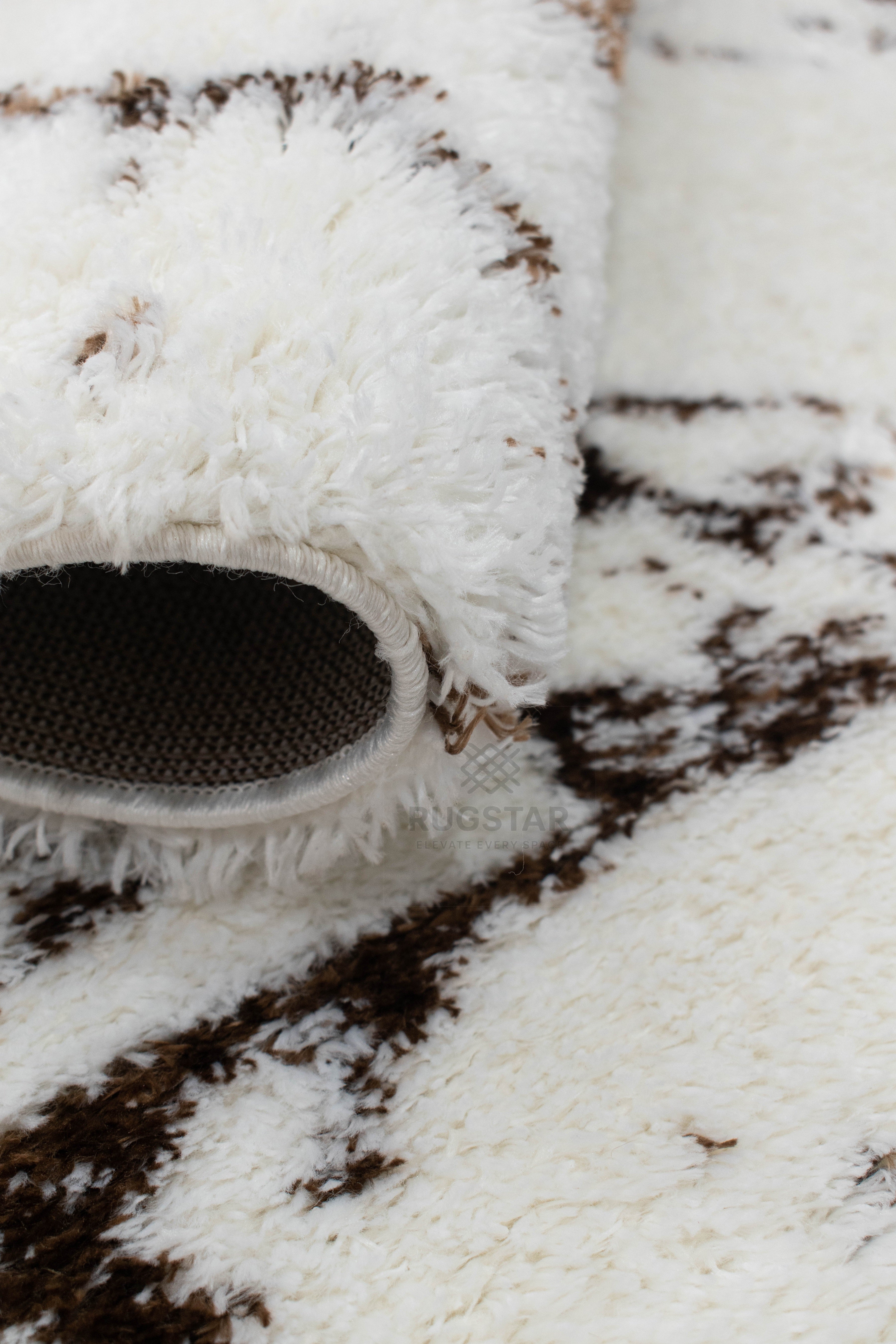 Turkish Washable Shaggy Carpet – White & Dark Brown Fine Abstract Pattern | Soft Polyester Rug