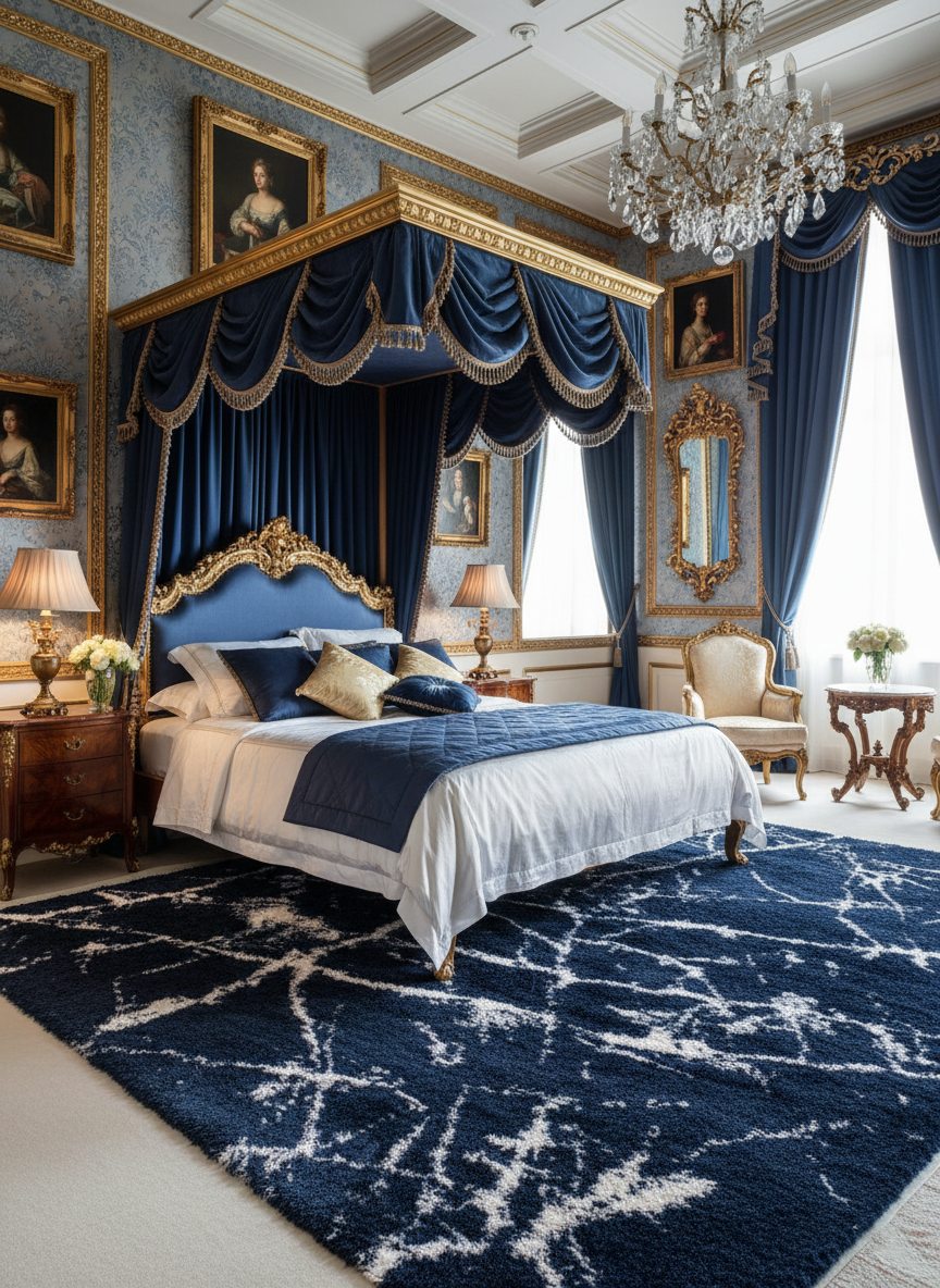 Turkish Washable Shaggy Carpet – Navy Blue & White Abstract Pattern | Ultra Soft Polyester