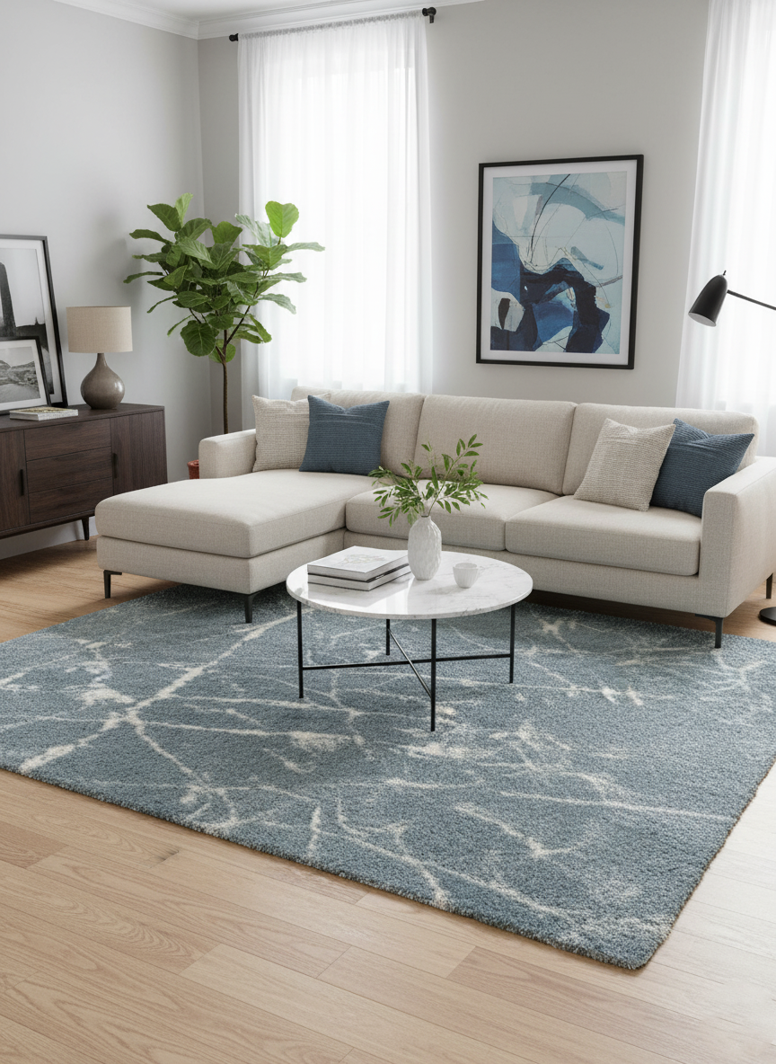 Turkish Washable Shaggy Carpet – Sky Blue & White Contemporary Abstract Rug