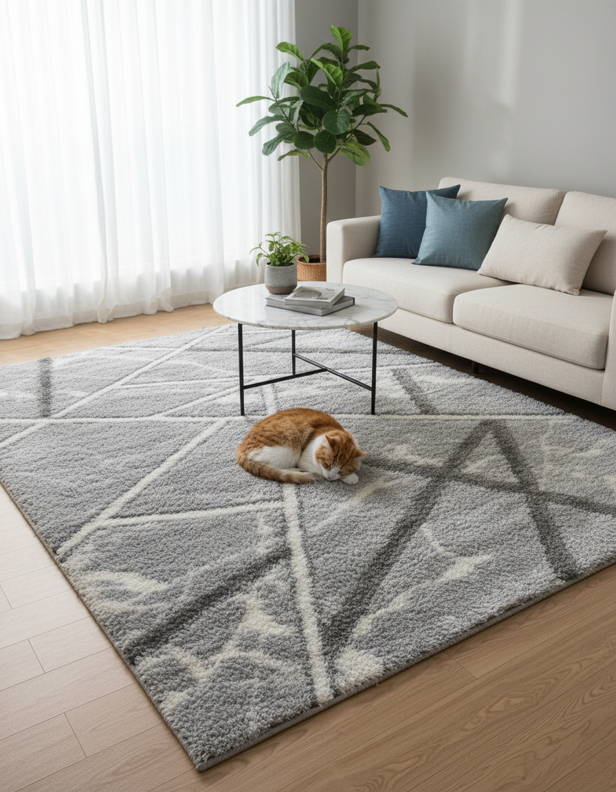 Turkish Washable Shaggy Carpet – Light Grey & White Geometric Pattern