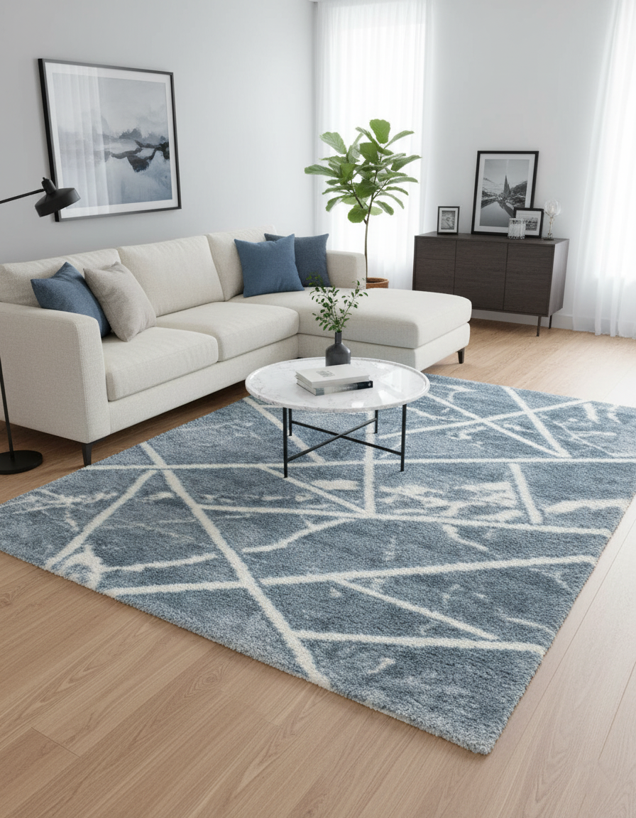 Turkish Washable Shaggy Carpet – Sky Blue & White Geometric Lines