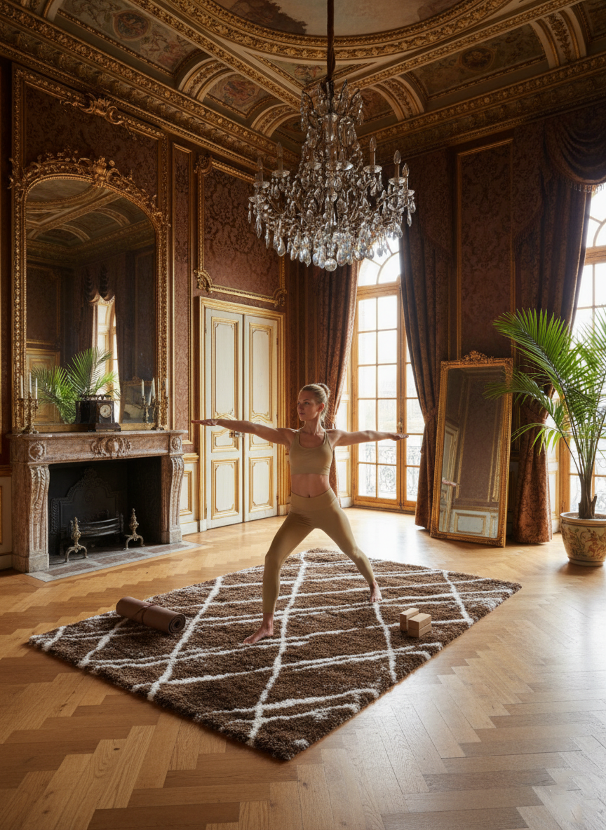 Turkish Washable Shaggy Carpet – Coffee Brown & White Diamond Lines