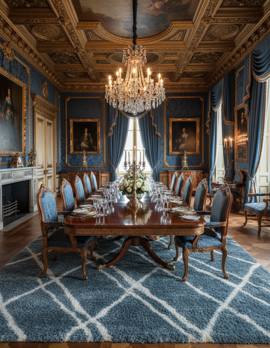 Turkish Washable Shaggy Carpet – Sky Blue & White Diamond Lines