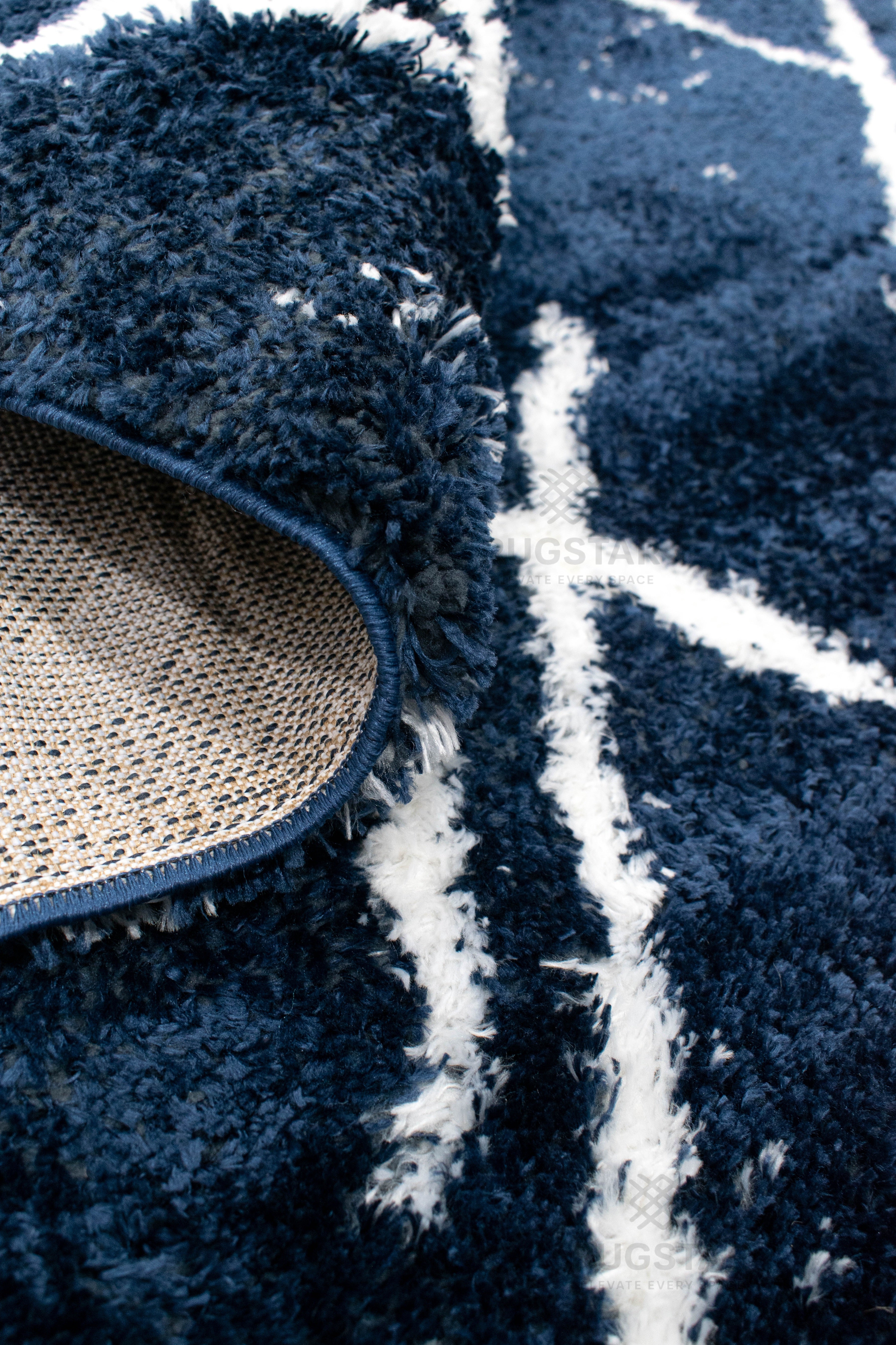 Turkish Washable Shaggy Carpet – Navy Blue & White Diamond Abstract