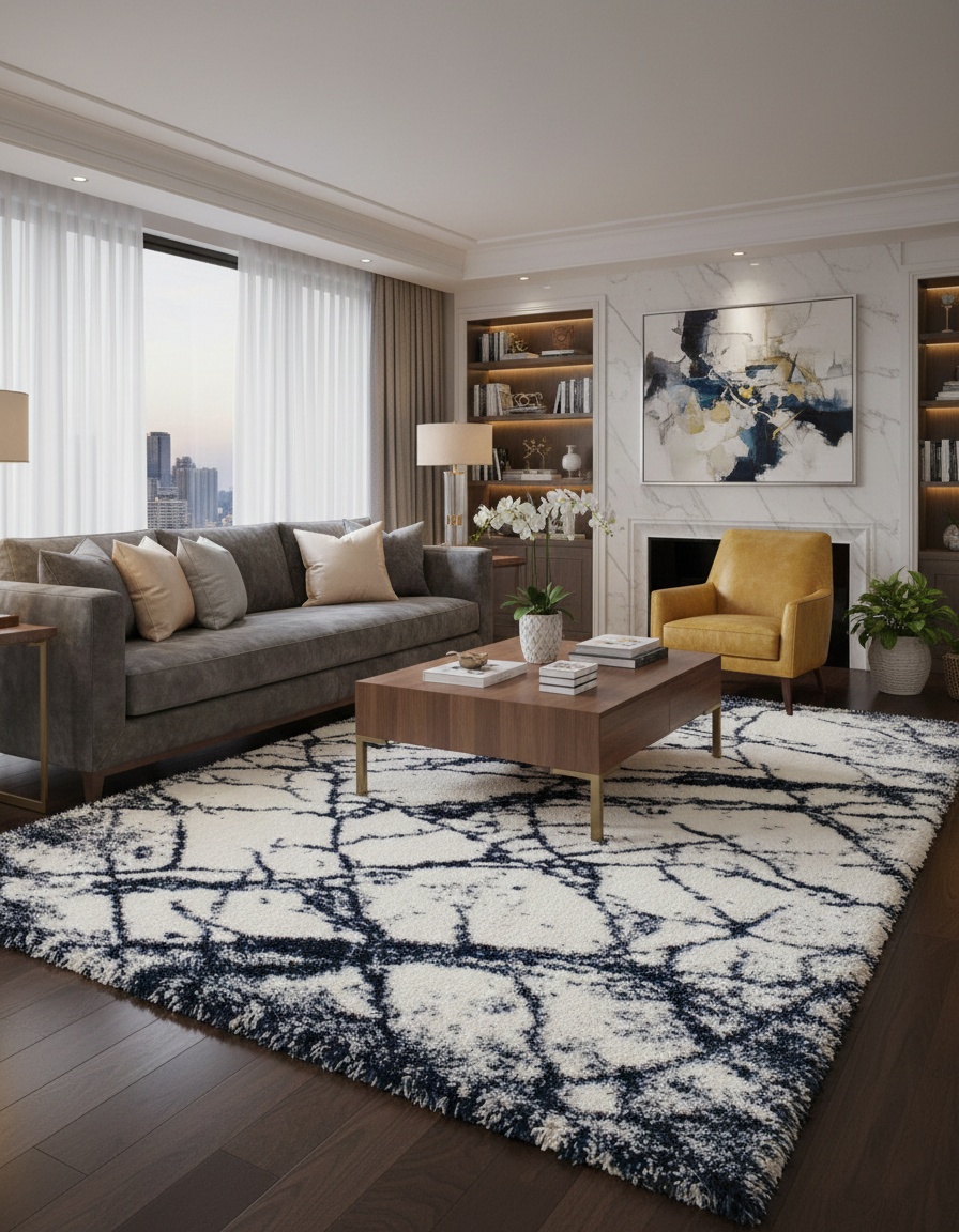 Turkish Washable Shaggy Carpet – White & Black Marble Pattern