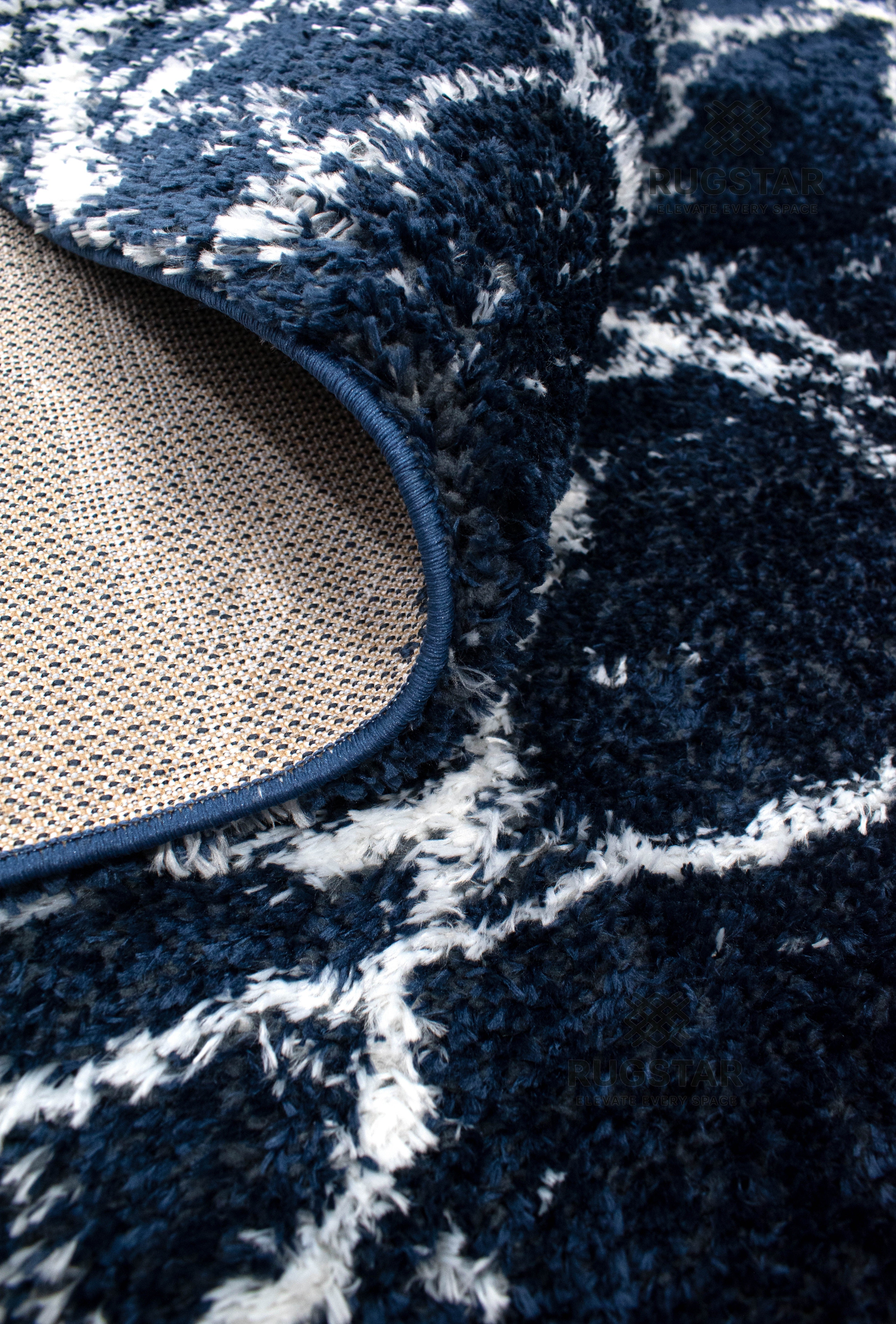 Turkish Washable Shaggy Carpet – Navy Blue & White Abstract Marble Pattern