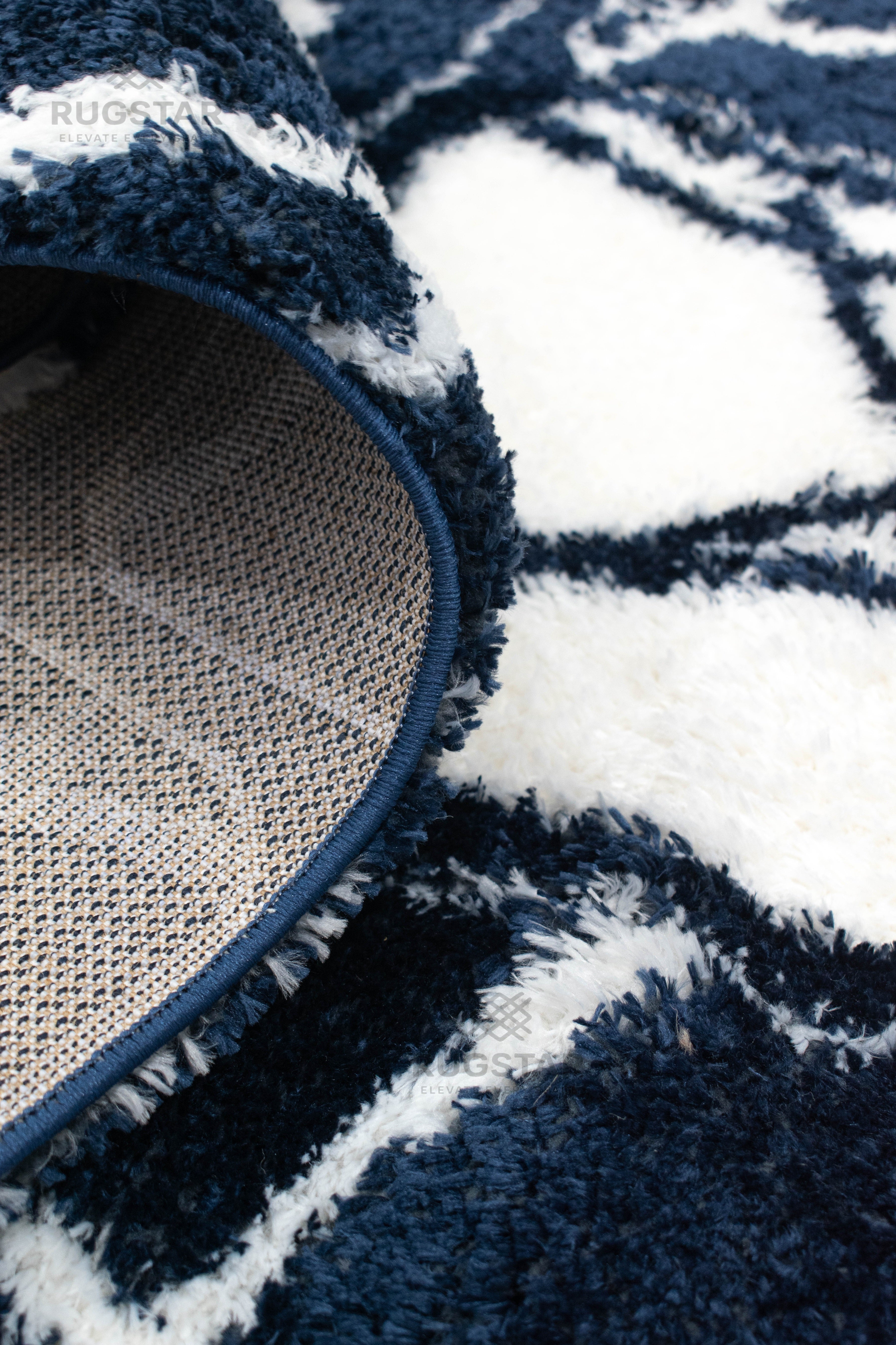 Turkish Washable Shaggy Carpet – Navy Blue & White Geometric Block Pattern