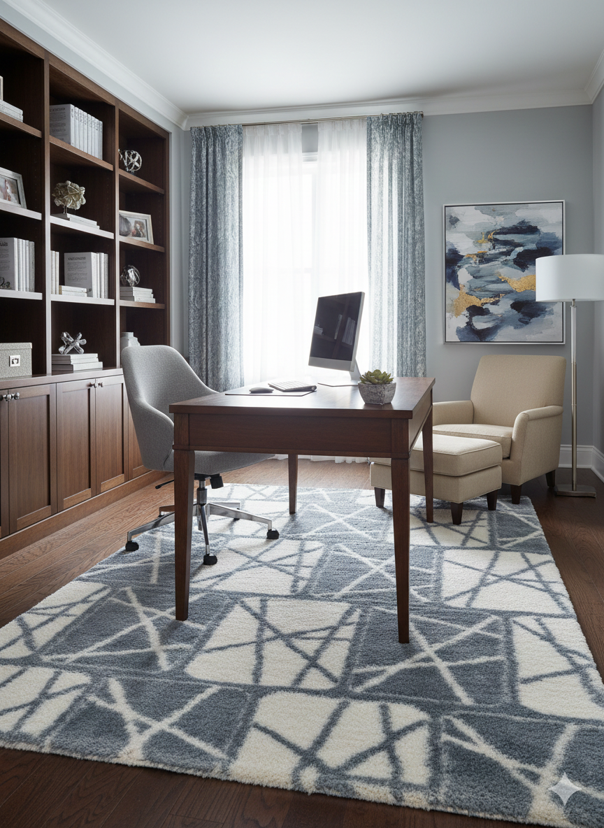 Turkish Washable Shaggy Carpet – Sky Blue & White Modern Block Pattern