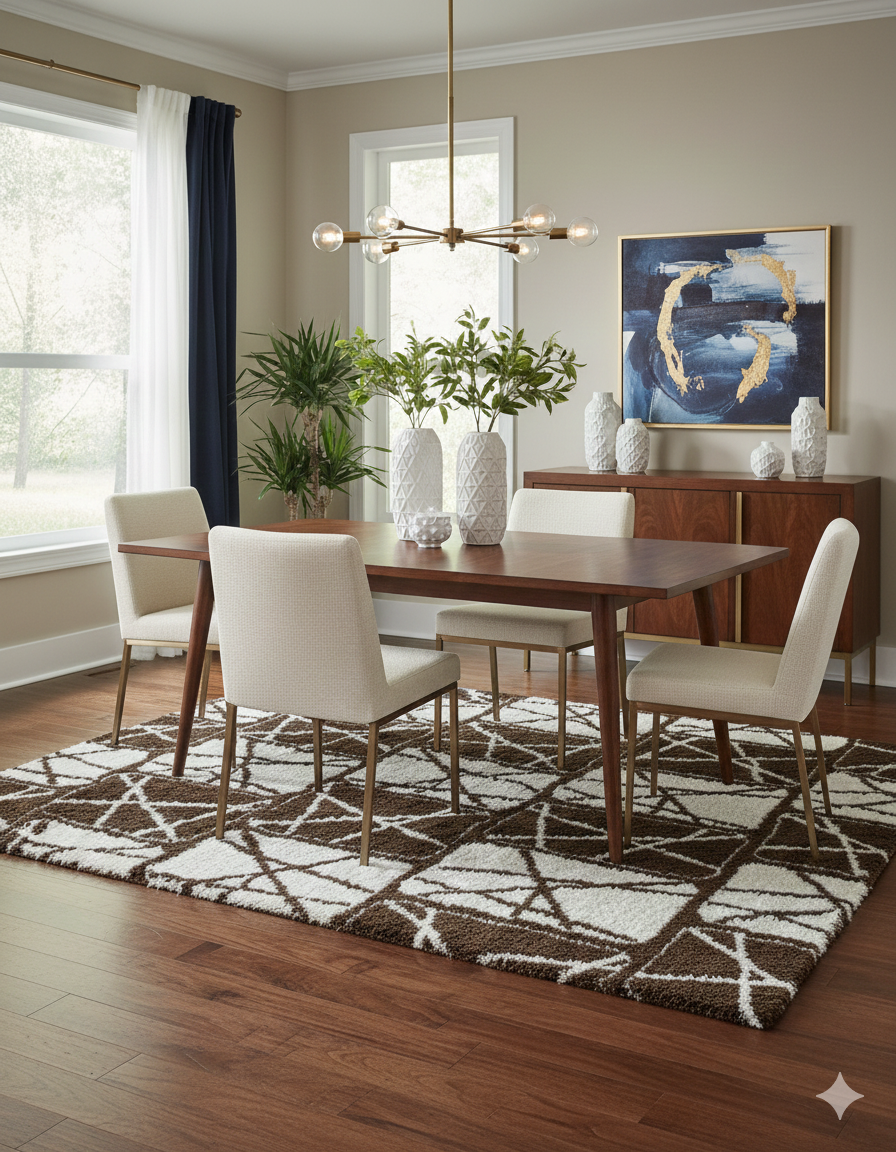 Turkish Washable Shaggy Carpet – Coffee Brown & White Geometric Block Pattern