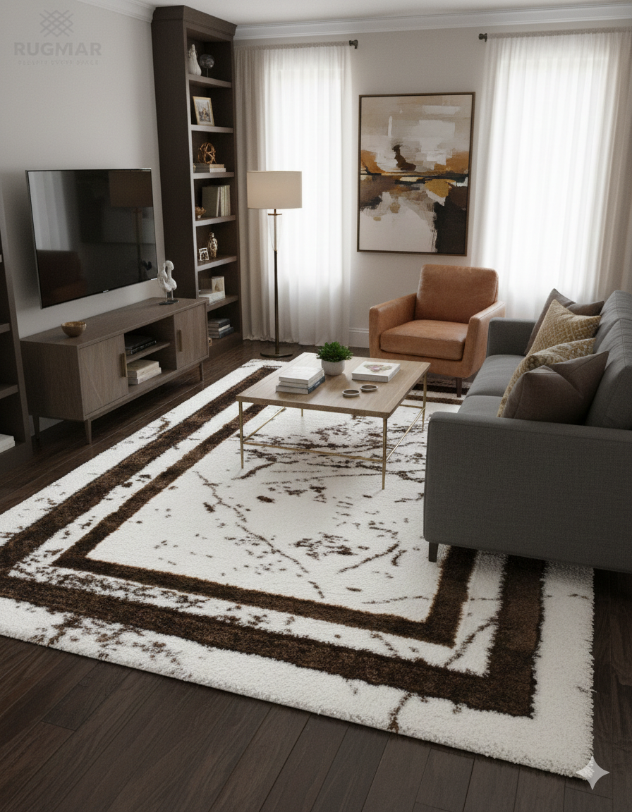 Turkish Washable Shaggy Carpet – White & Brown Border Marble Pattern