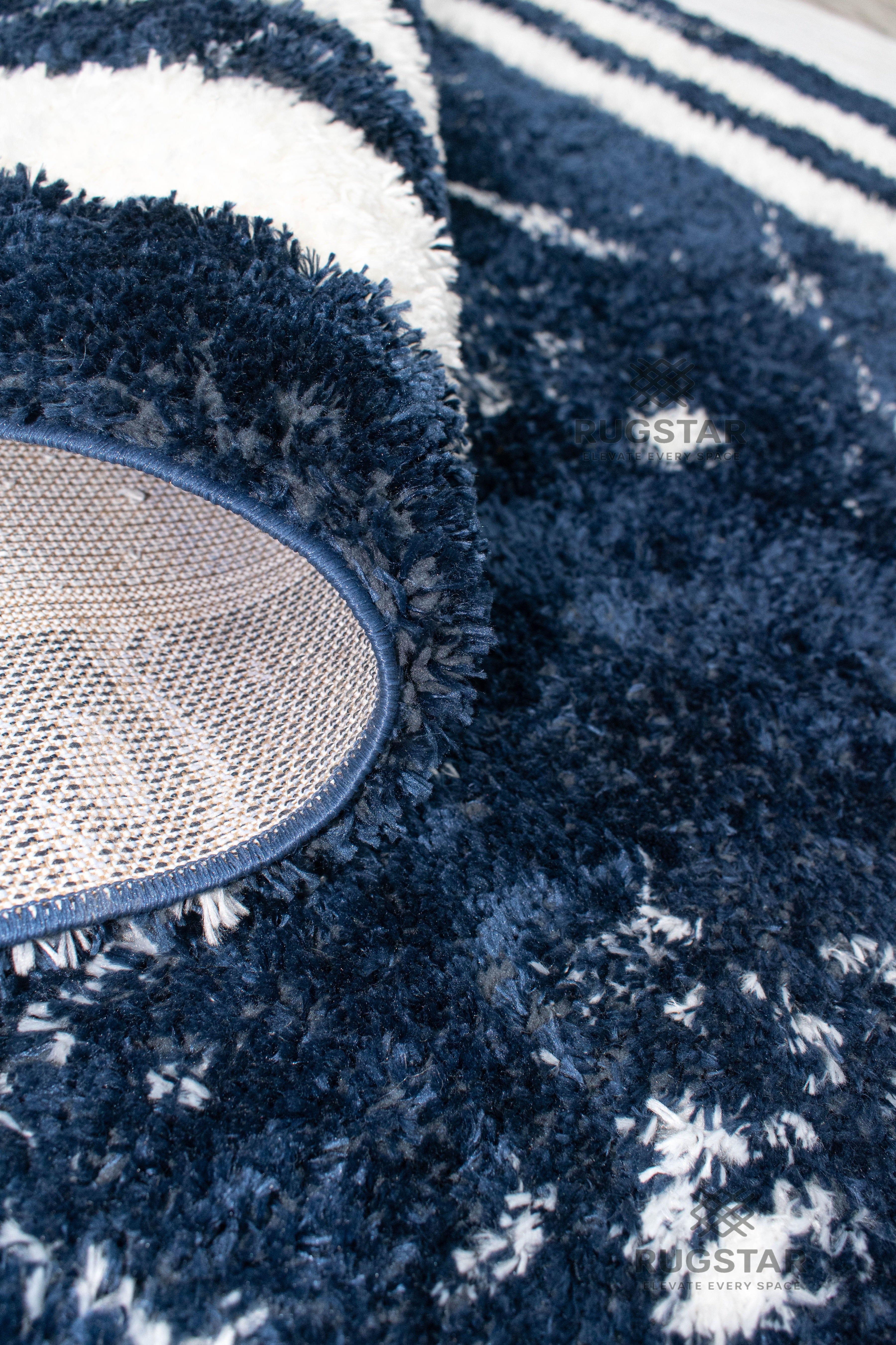 Turkish Washable Shaggy Carpet – Navy Blue Border & Marble Center