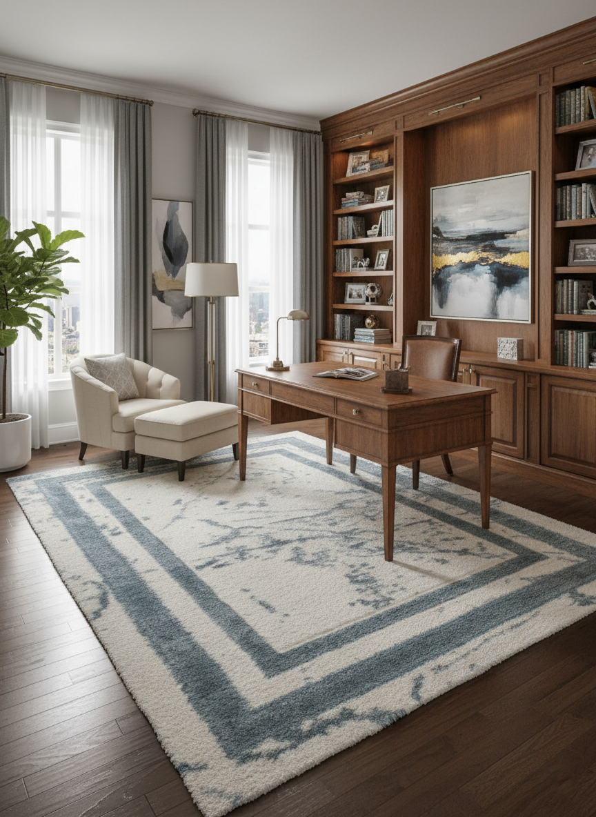 Turkish Washable Shaggy Carpet – Blue Frost Border & White Base