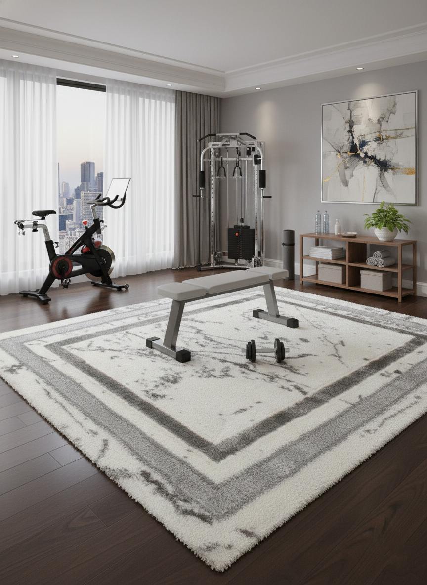 Turkish Washable Shaggy Carpet – White & Grey Border Marble Pattern