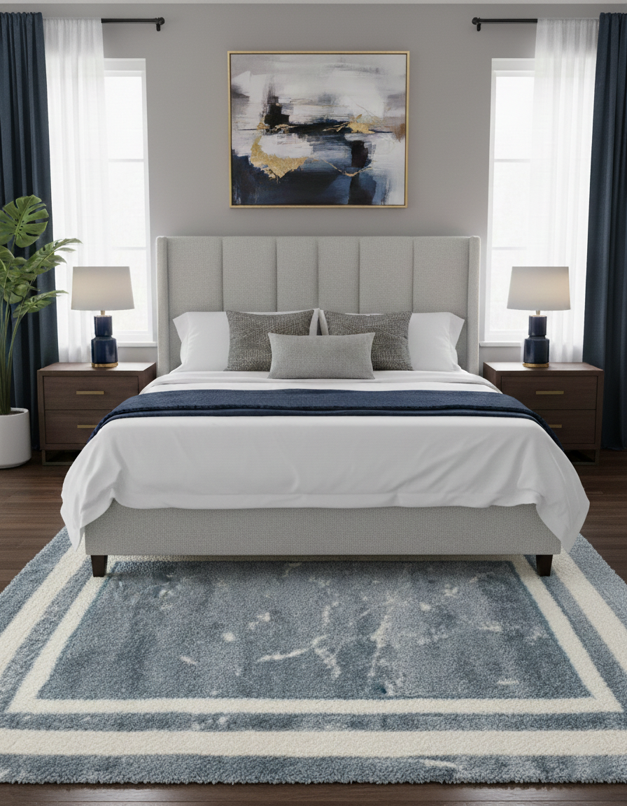 Turkish Washable Shaggy Carpet – Blue Tone Border & Marble Center