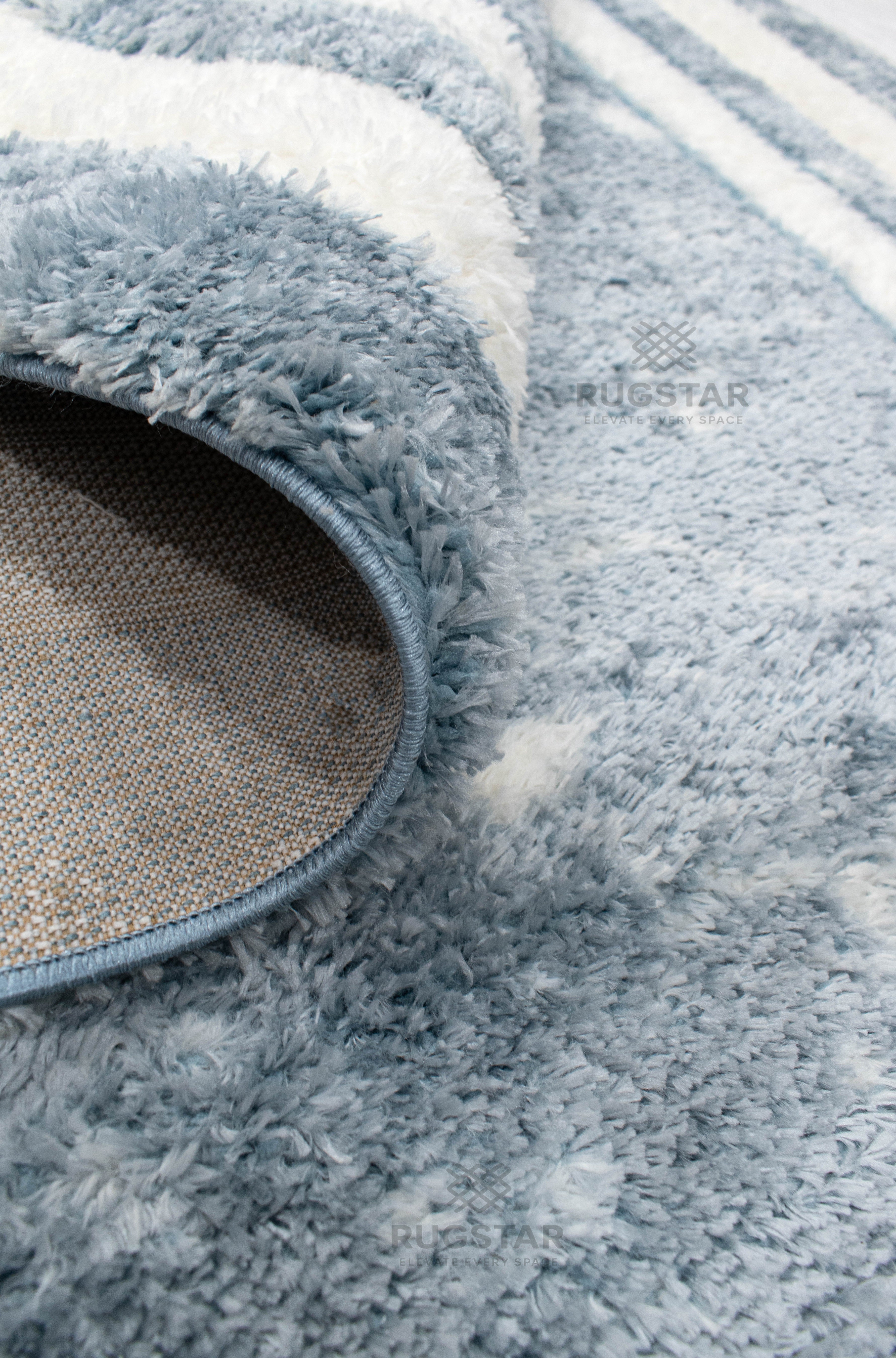 Turkish Washable Shaggy Carpet – Blue Tone Border & Marble Center