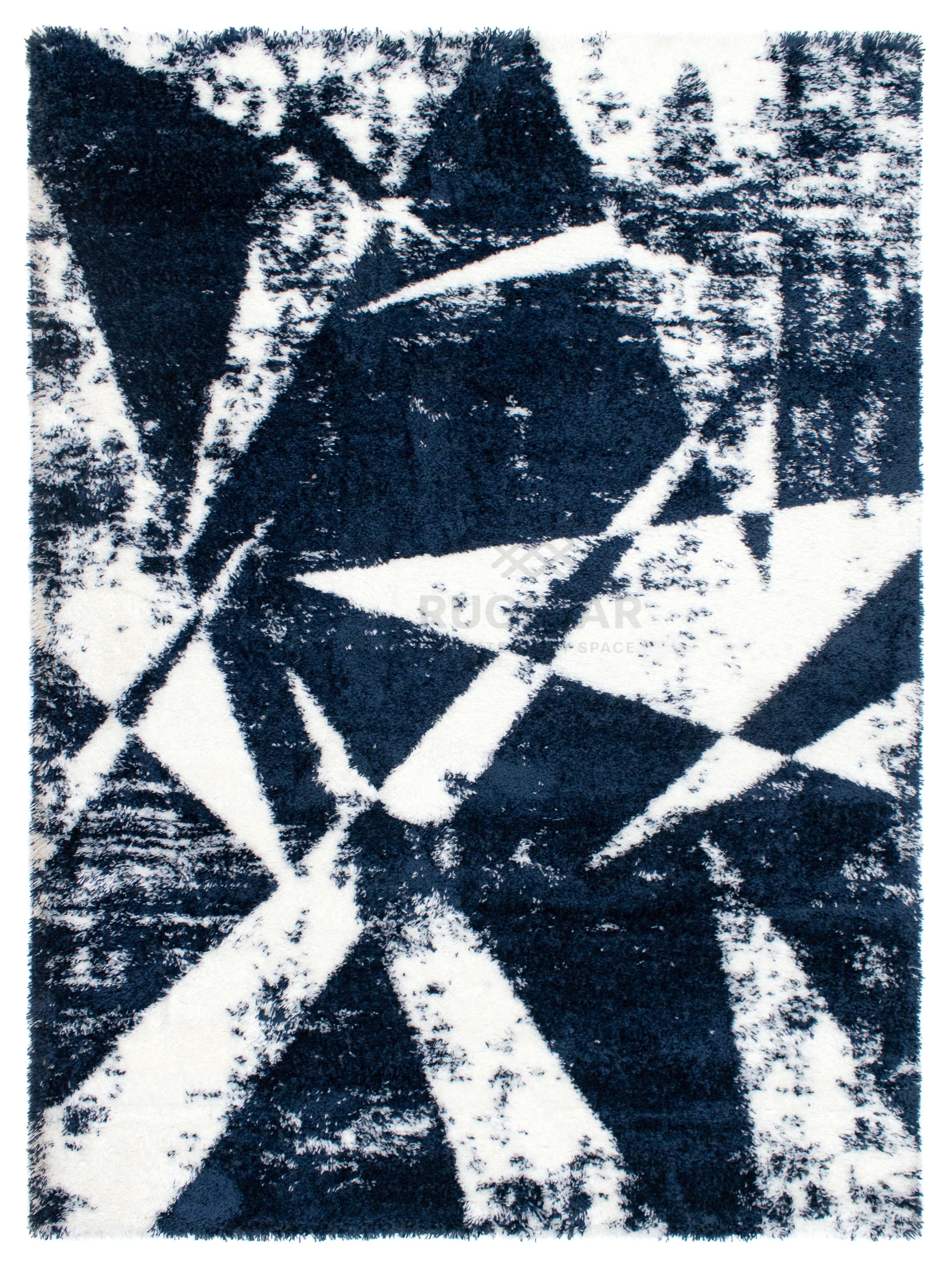 Turkish Washable Shaggy Carpet – Navy Blue & White Geometric Abstract