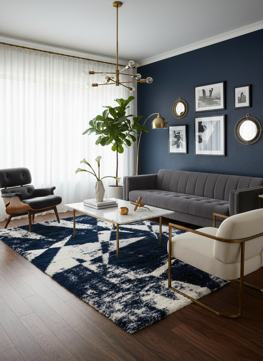 Turkish Washable Shaggy Carpet – Navy Blue & White Geometric Abstract