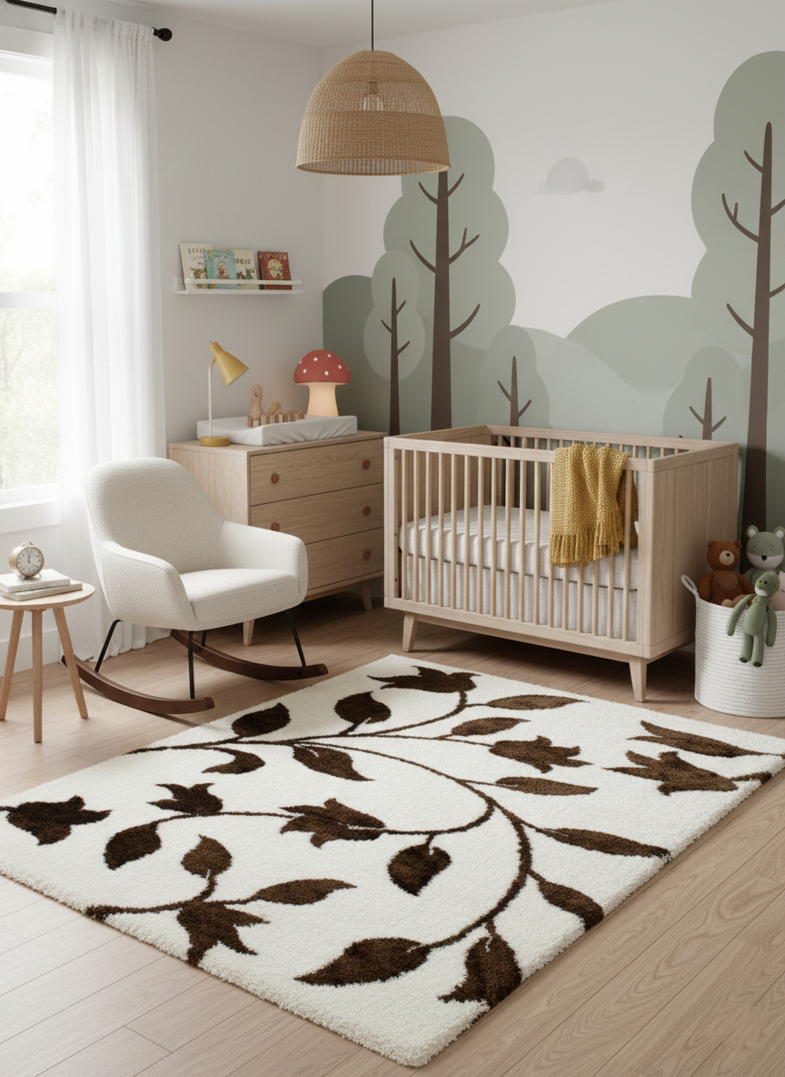 Turkish Washable Shaggy Carpet – Cream with Brown Floral Vine