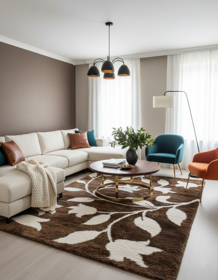 Turkish Washable Shaggy Carpet – Brown with White Floral Vine